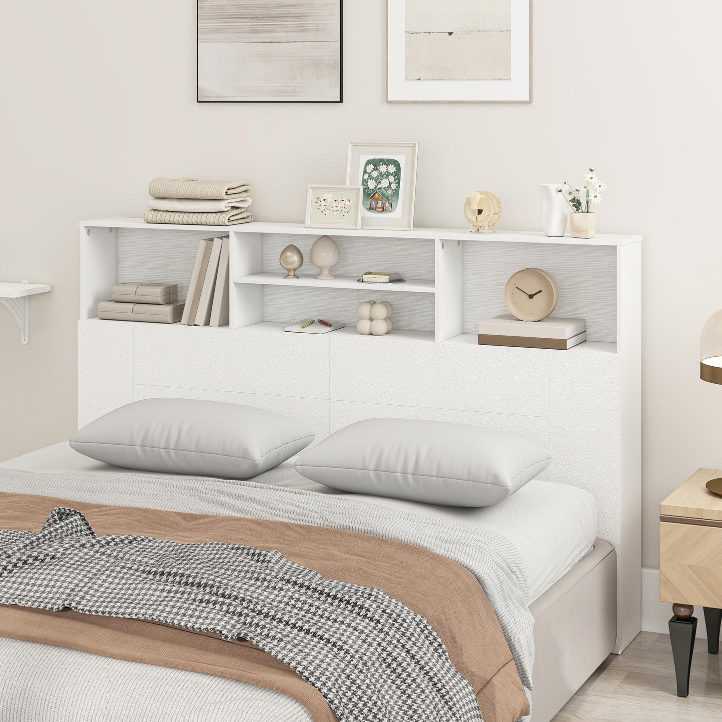 King Size Headboard with Storage | 4 Open Compartments | Freestanding | Scratch-Resistant Melamine | Anti-Tip Kit | White | 160cm