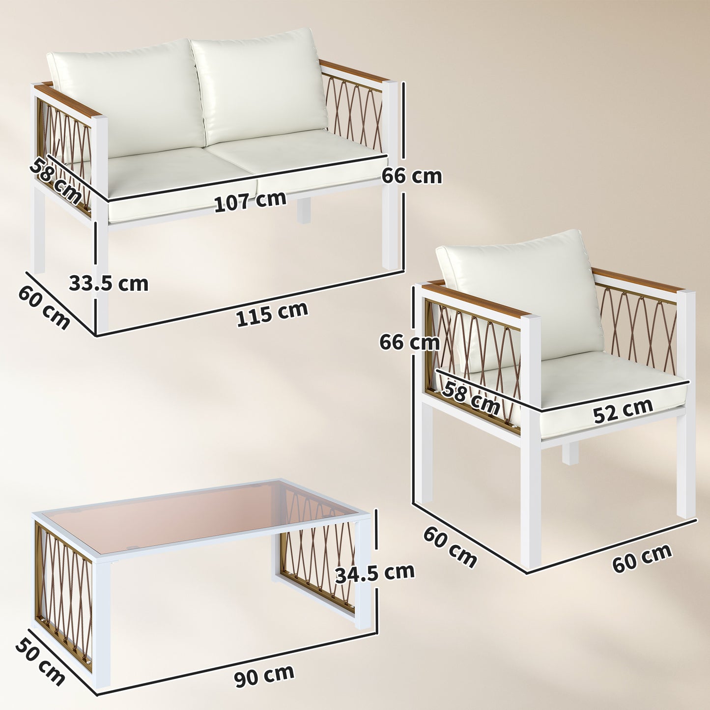 4-Piece PE Rattan Garden Sofa Set | Loveseat | 2 Armchairs | Tempered Glass Coffee Table | Galvanised Metal Frame | Wood-Effect WPC Slats | 8cm Seat & 12cm Back Cushions | Non-Slip Mats | Washable Covers | 120kg Per Seat | Cream White