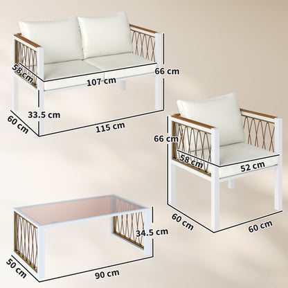 4-Piece PE Rattan Garden Sofa Set | Loveseat | 2 Armchairs | Tempered Glass Coffee Table | Galvanised Metal Frame | Wood-Effect WPC Slats | 8cm Seat & 12cm Back Cushions | Non-Slip Mats | Washable Covers | 120kg Per Seat | Cream White