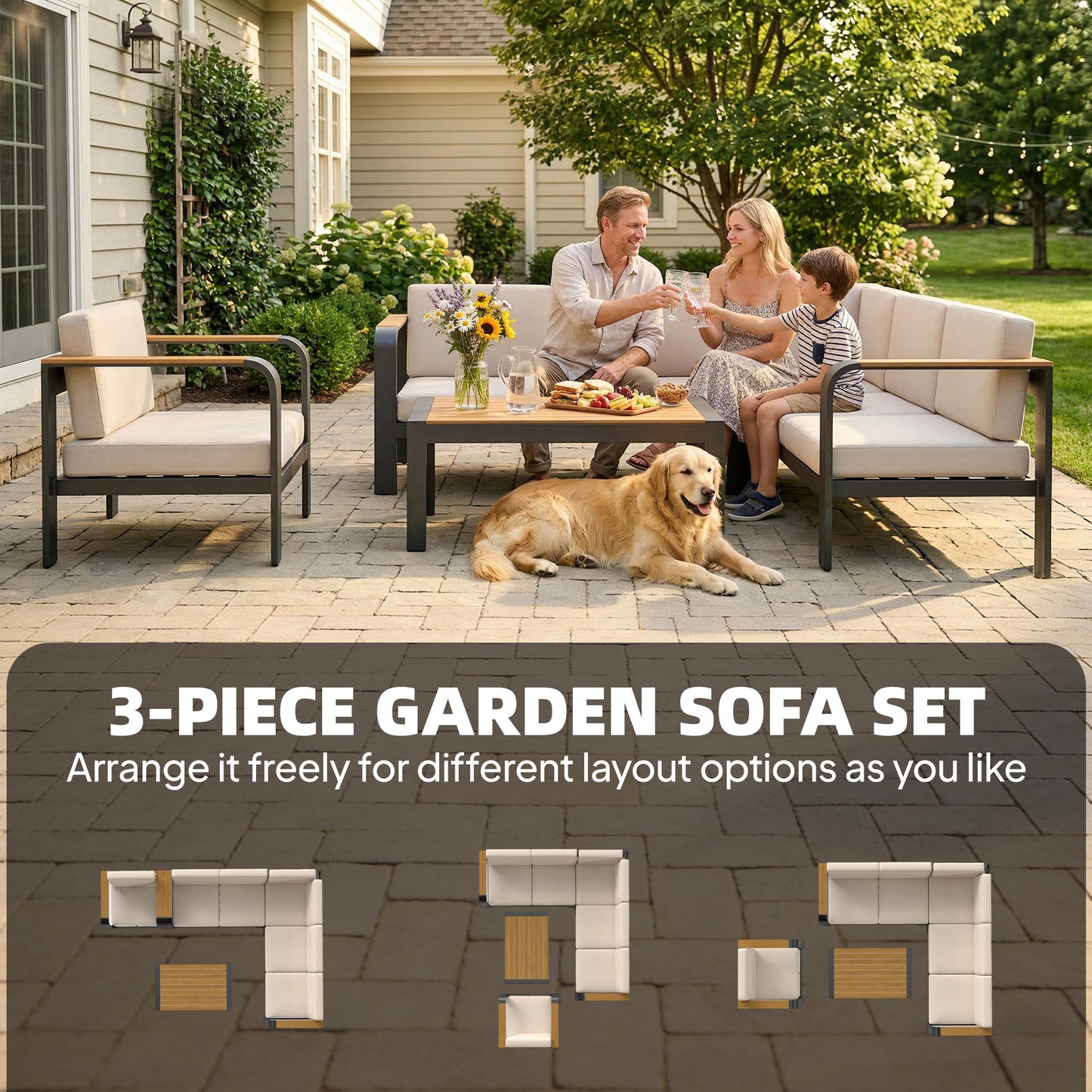 Aluminium Garden Corner Sofa Set | L-Shaped Sofa, Armchair & Table | 12cm Olefin Cushions | Beige