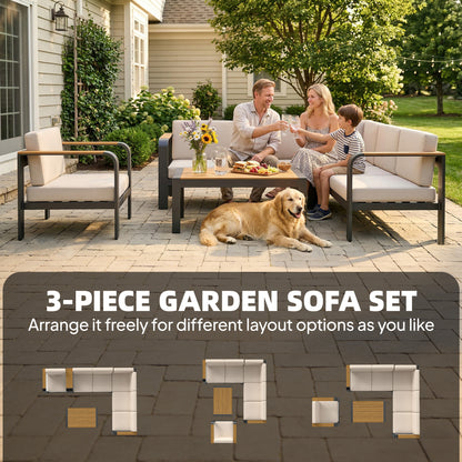 Aluminium Garden Corner Sofa Set | L-Shaped Sofa, Armchair & Table | 12cm Olefin Cushions | Beige
