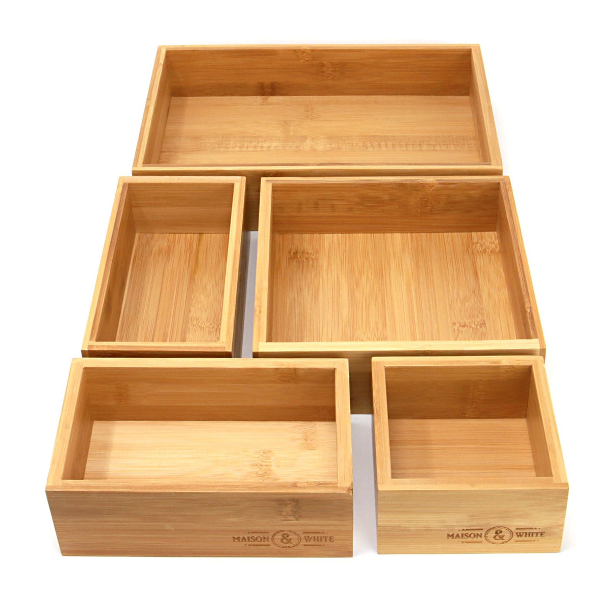 Maison & White Bamboo Drawer Organisers | 5 Piece Mixed-Size Storage Box Set | Natural Matte Lacquer Finish | Home & Office