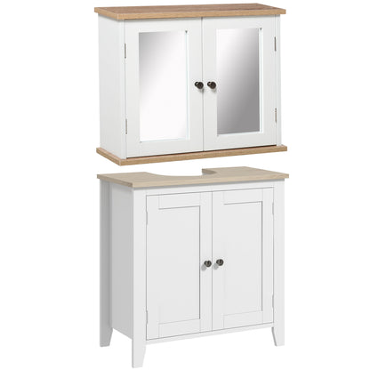Kleankin Bathroom Furniture Set, Mirror Cabinet Wall Mounted W/ Adjustable Shelf, Sink Cabinet with Storage, White and Wood Grain