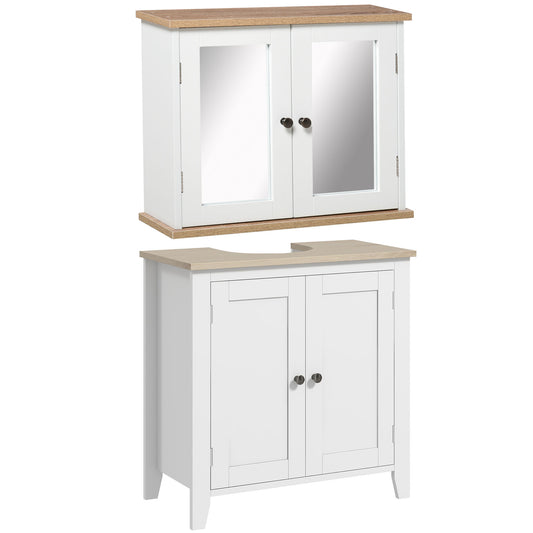 Kleankin Bathroom Furniture Set, Mirror Cabinet Wall Mounted W/ Adjustable Shelf, Sink Cabinet with Storage, White and Wood Grain
