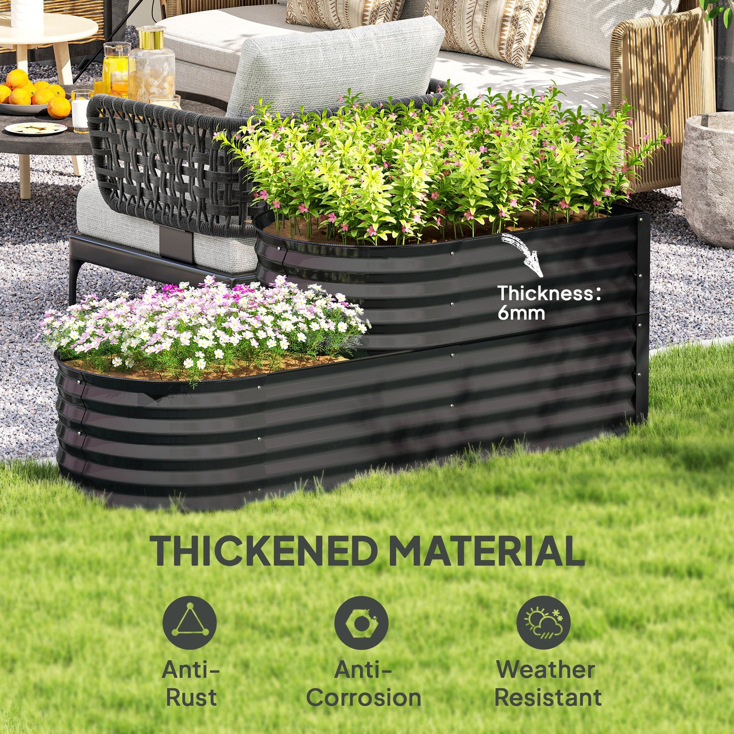 2-Tier Galvanised Steel Raised Garden Bed | 0.6mm Steel | Open Bottom | Folded Safety Edge & Rubber Strip | Bottom 149x59cm Top 89x59cm | 150x60x57cm | Dark Grey