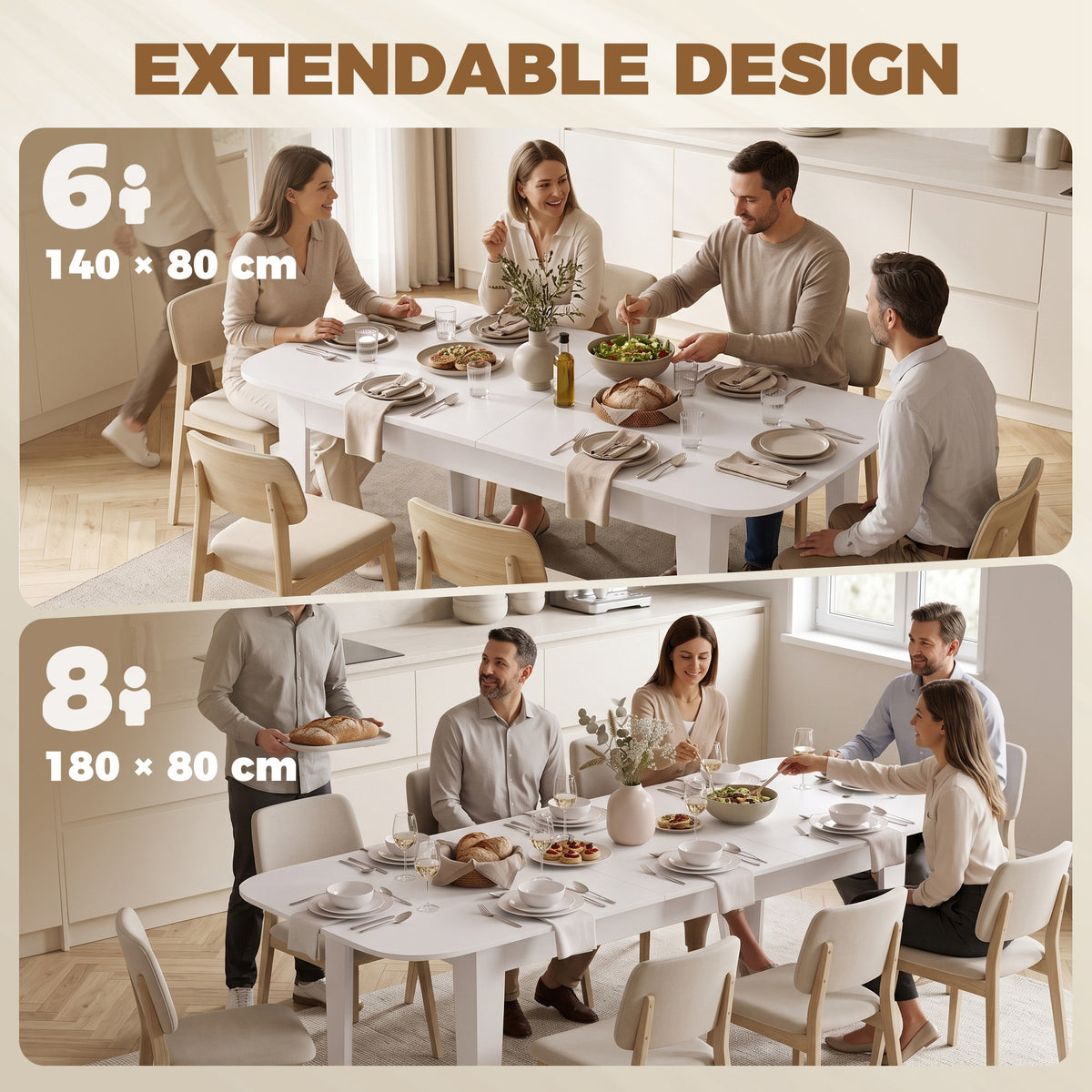 Extendable Oval Dining Table | White | Particleboard Steel | 140-180W x 80D x 75H cm | Seats 4-6 | 100kg | Melamine Top | Rounded Edges | Felt Pads | Steel Guide Rails | Underboard Storage