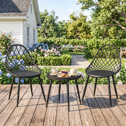 3-Piece Outdoor Bistro Set | 2 Chairs & Round Table | PP Mesh Backrest | Reinforced X-Frame | Anti-Rust Metal Legs | Adjustable Footpads | 120kg Chair Capacity | Garden & Balcony | Black
