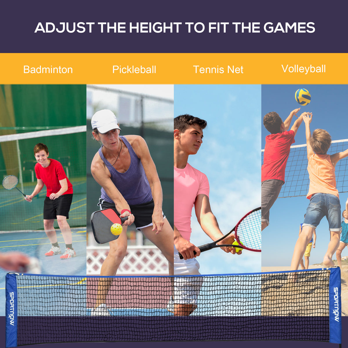 SPORTNOW Portable Badminton Net | Blue & Black | 310x103cm | Height Adjustable 107-155cm | Net 310x72cm | 4x4cm Mesh | Rust-Resistant Metal Frame | Carry Bag | Tennis Pickleball Volleyball