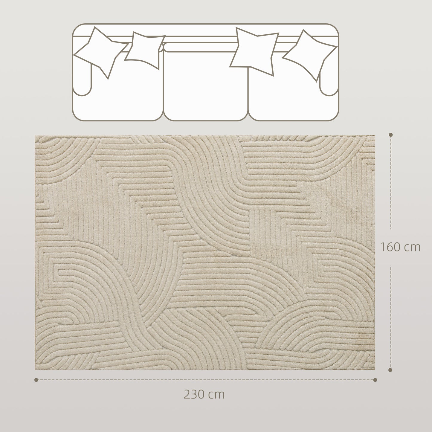Modern Geometric Jacquard Rug | 15mm Plush Pile | Non-Slip Cotton-Polyester Backing | Reinforced Edges | 230x160cm | Cream