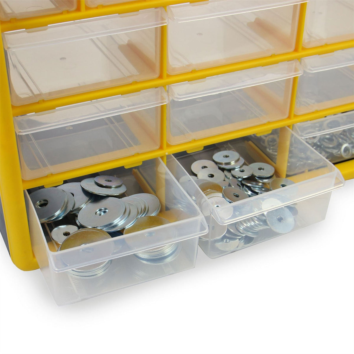 Pukkr 44 Drawer Storage Cabinet | Yellow & Black Small Parts Organiser | Clear Drawers | Desktop or Wall Mounted