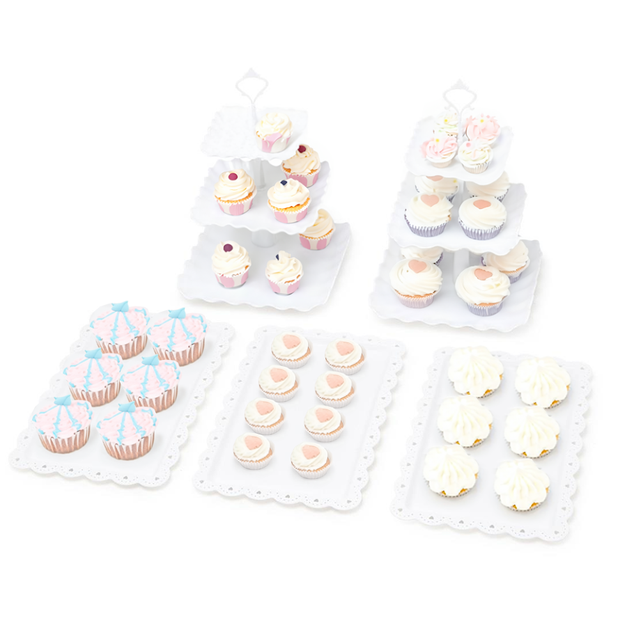 Pukkr Square Cake Stand & Appetiser Tray Set | 2 Three-Tier Cupcake Stands & 3 Serving Trays | Reusable White Plastic Party Display