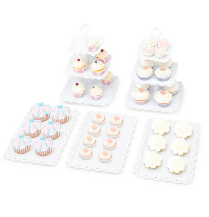 Pukkr Square Cake Stand & Appetiser Tray Set | 2 Three-Tier Cupcake Stands & 3 Serving Trays | Reusable White Plastic Party Display
