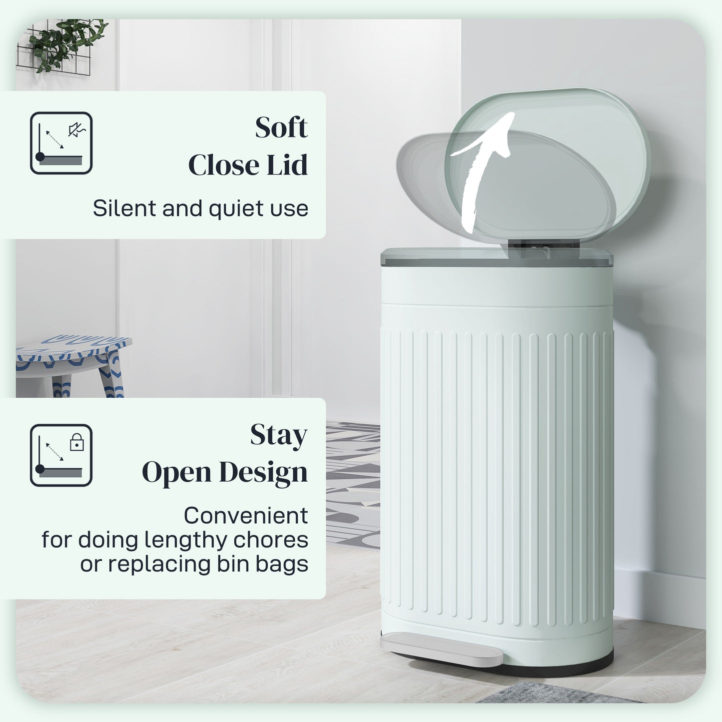 30 Litre Pedal Bin, Fingerprint Proof Kitchen Bin with Soft-close Lid, Metal Rubbish Bin with Foot Pedal and Removable Inner Bucket, Light Green
