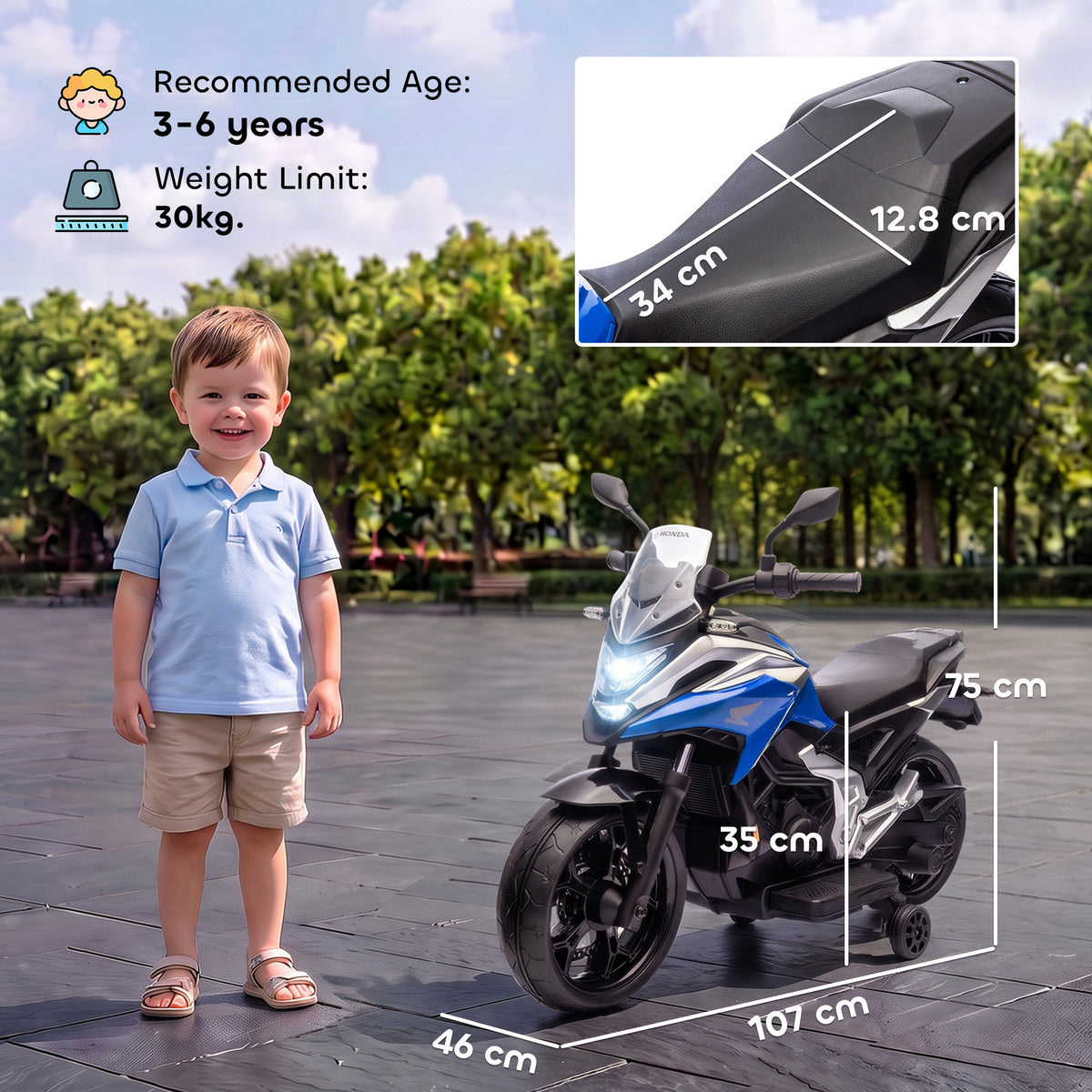 Licensed Honda NC750X 12V Kids Electric Motorbike | Soft-Start | Training Wheels | Forward & Reverse | Headlights | USB MP3 Music | LED Battery Indicator | 107x46x75cm | 30kg | Age 3-6 | Blue