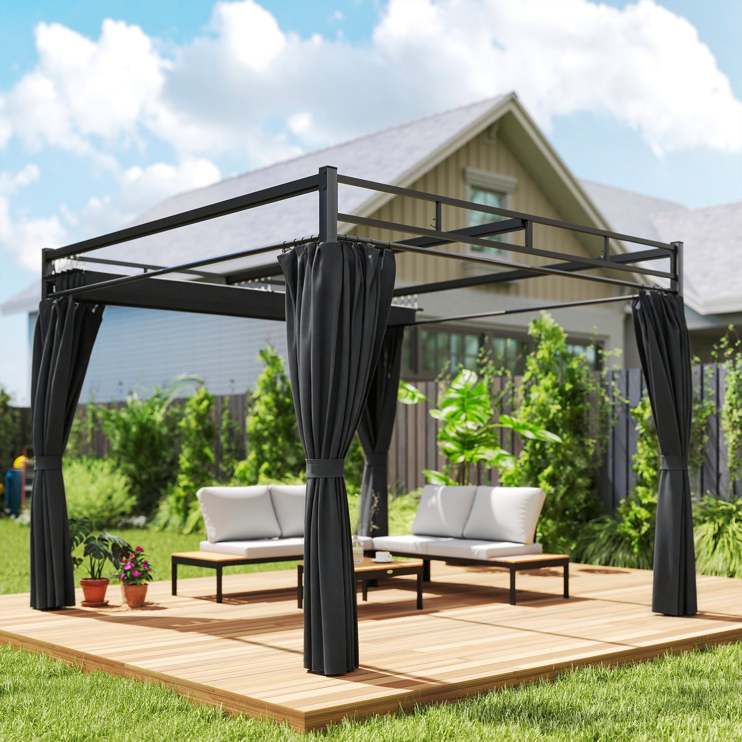 3 x 3 m Pergola with Retractable Roof Canopy and Curtains, UPF30+ Metal Frame Garden Pergola Gazebo Sun Shade, Dark Grey