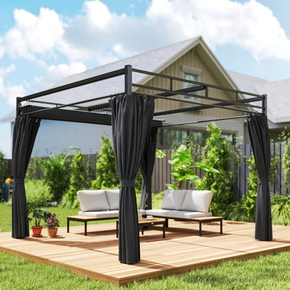 3 x 3 m Pergola with Retractable Roof Canopy and Curtains, UPF30+ Metal Frame Garden Pergola Gazebo Sun Shade, Dark Grey