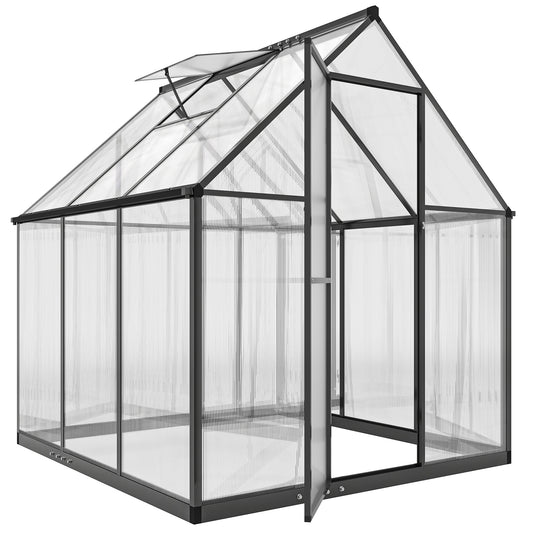 Polycarbonate Greenhouse with Swing Door and Adjustable Window, Walk-in Greenhouse with Rain Gutter, 6 x 6.5ft, Black