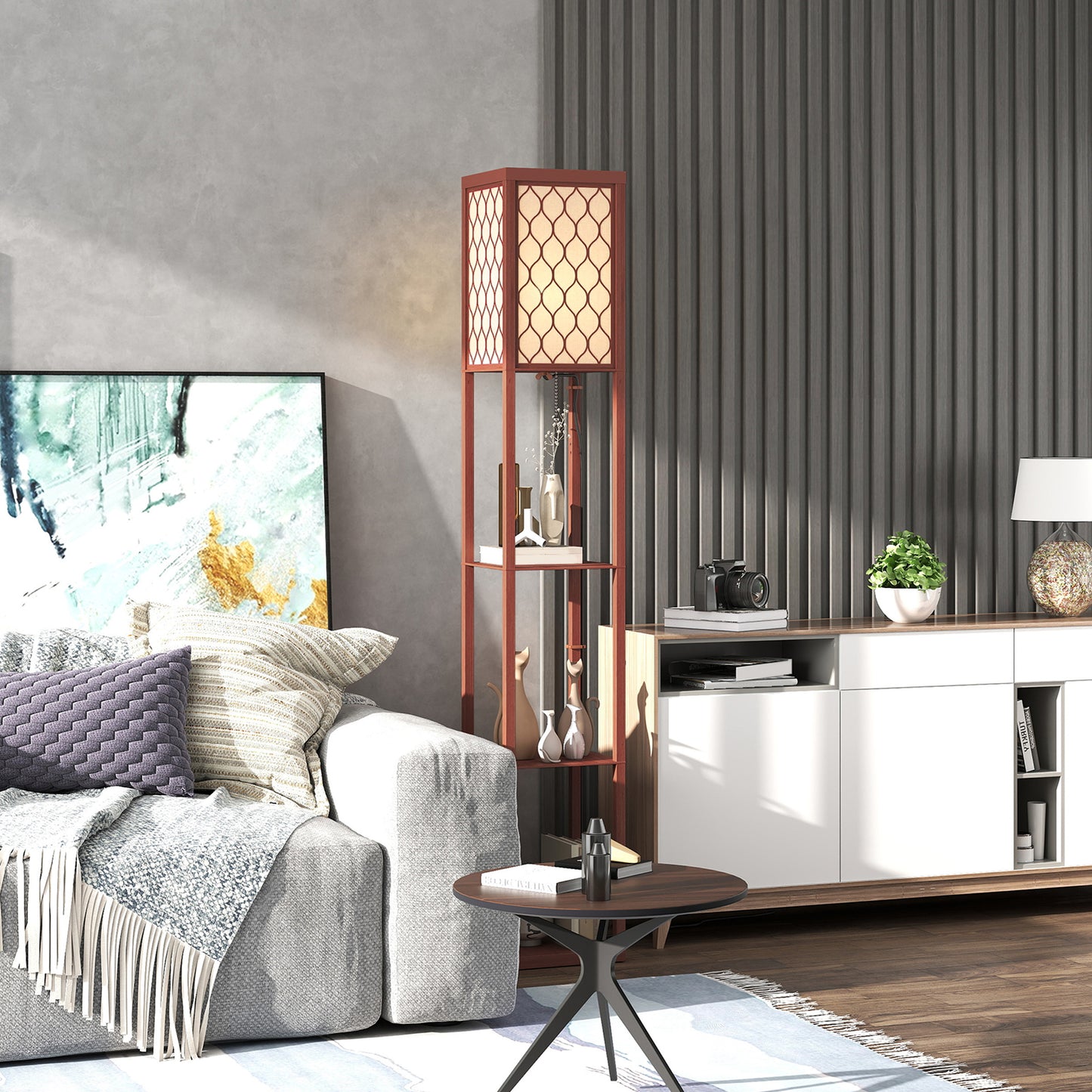 Three-Shelf Standing Lamp - Brown/White