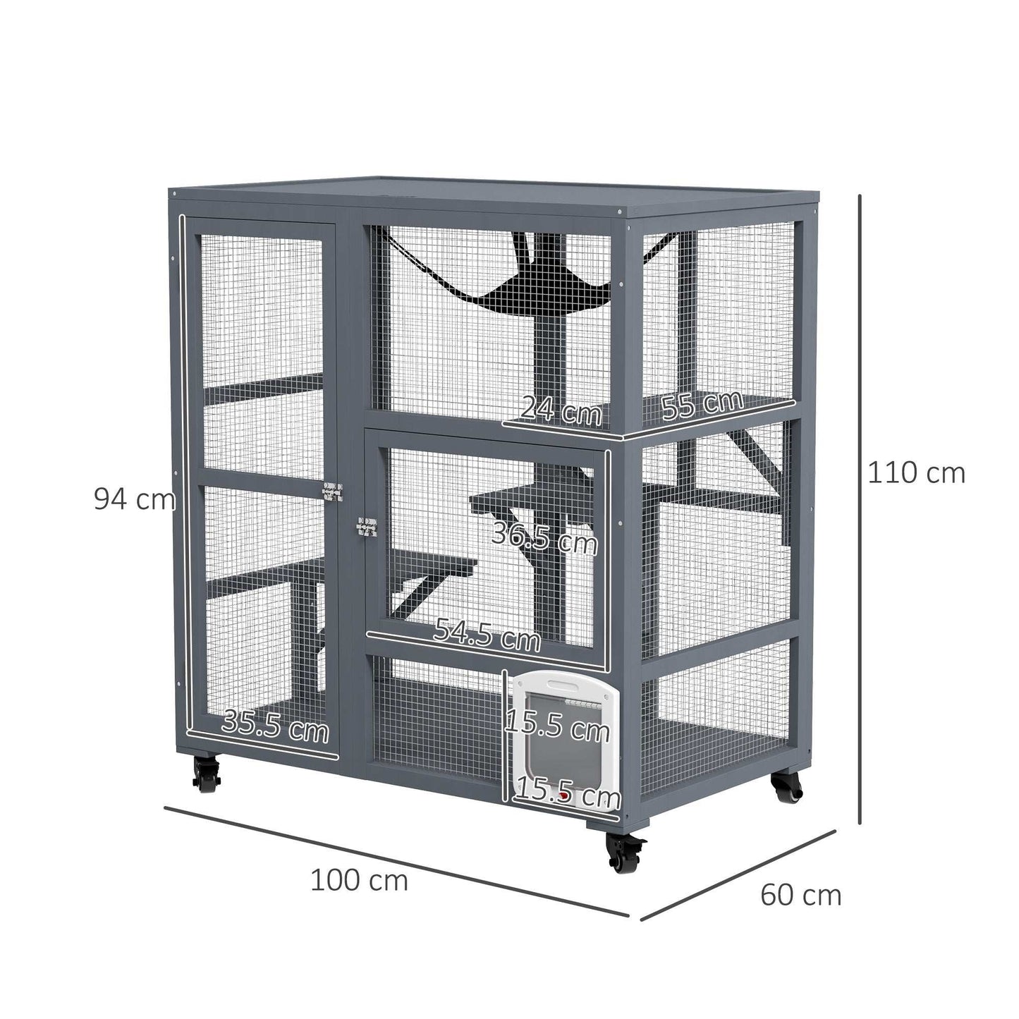 PawHut Cat Cage House, Catio Cat Outdoor Enclosure on Wheels, Weather-Resistant Wooden Kitty Cage W/ Platforms, 100L x 60W x 110Hcm - Light Grey
