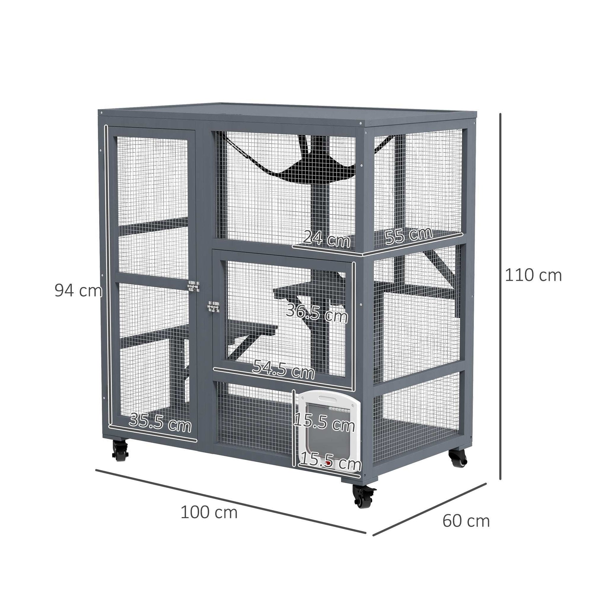 PawHut Cat Cage House, Catio Cat Outdoor Enclosure on Wheels, Weather-Resistant Wooden Kitty Cage W/ Platforms, 100L x 60W x 110Hcm - Light Grey