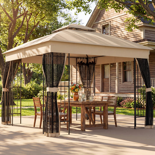 3x3m Permanent Garden Gazebo | Double-Tier UPF50+ Roof | Mesh Panels | Integrated Corner Shelves | Triangular Powder-Coated Posts | Adjustable Struts | Ground Stakes | Brown