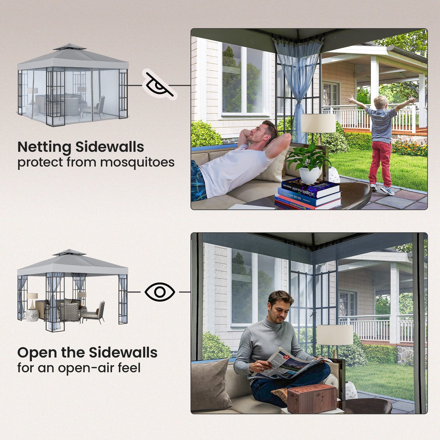 3x3m Permanent Garden Gazebo | 2-Tier Vented Polyester Roof | PA Coating Sun Protection | Removable Mosquito Netting | Solid Steel Frame | 8 Ground Stakes | 297x297x270cm | Eave Height 195cm | Light Grey