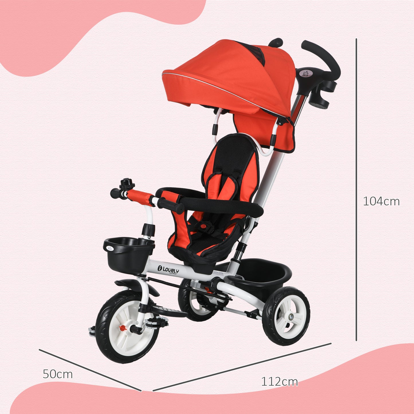 HOMCOM Metal Frame 4 in 1 Baby Push Tricycle with Parent Handle for 1-5 Years Old, Red