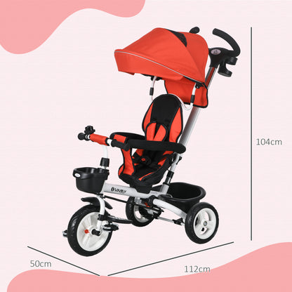 HOMCOM Metal Frame 4 in 1 Baby Push Tricycle with Parent Handle for 1-5 Years Old, Red