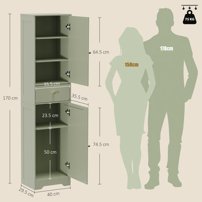 Tall Slim Bathroom Cabinet | Light Green | Particleboard MDF | 40x29.5x170cm | 2 Cupboards Drawer | Adjustable Shelf | Arched Doors Gold Knobs | Melamine | Anti-Tip Kit | 75kg