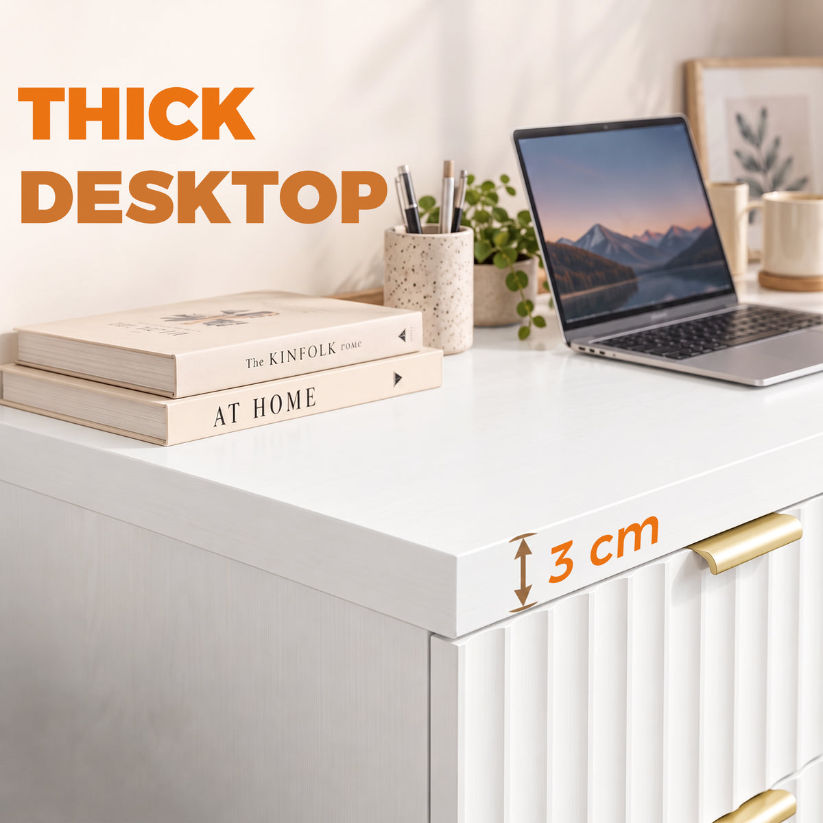Reversible Computer Desk with Drawer & Cabinet | White & Gold MDF | 120x50x76cm | 3-Level Adjustable Shelf | Interchangeable Handles | Vanity Writing Office Desk | 60kg
