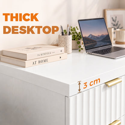 Reversible Computer Desk with Drawer & Cabinet | White & Gold MDF | 120x50x76cm | 3-Level Adjustable Shelf | Interchangeable Handles | Vanity Writing Office Desk | 60kg