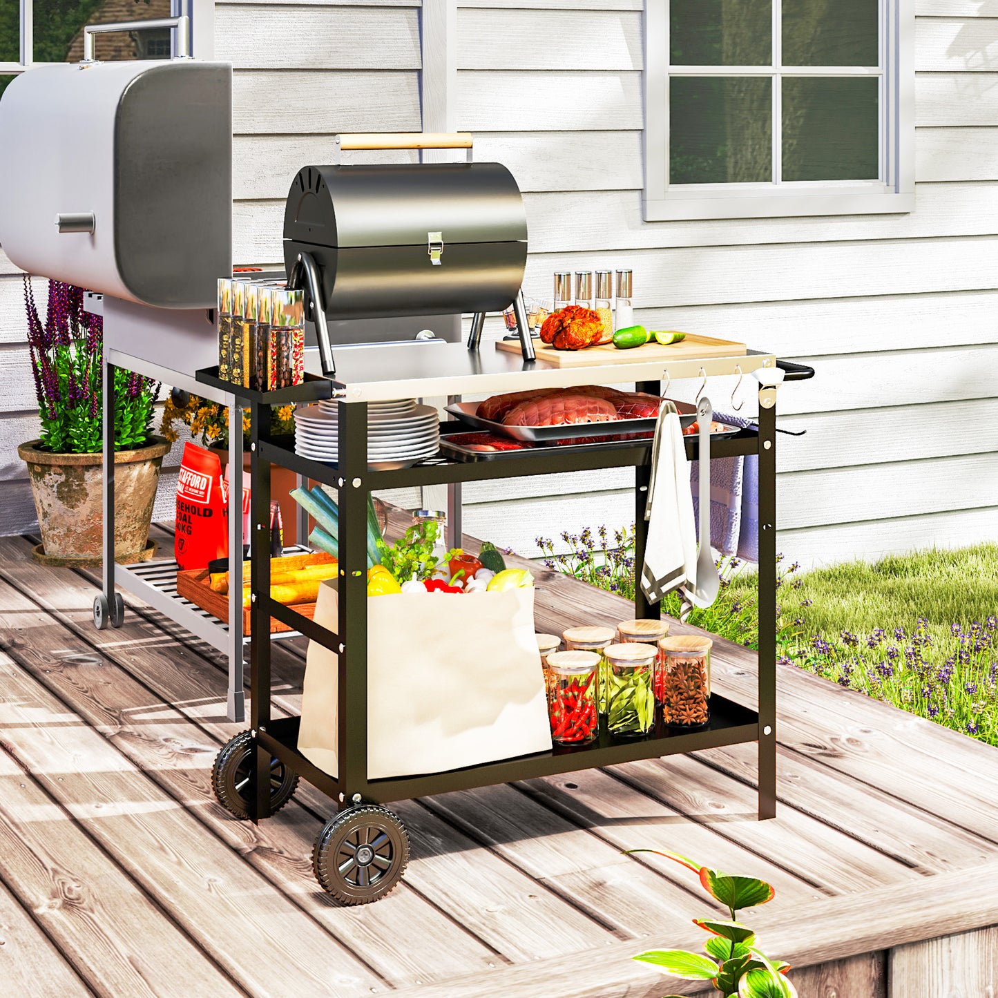 BBQ Trolley with Stainless Steel Top Adjustable Shelf, Outdoor Kitchen BBQ Station with Hooks Seasoning Tray Towel Rack, Pizza Oven Table
