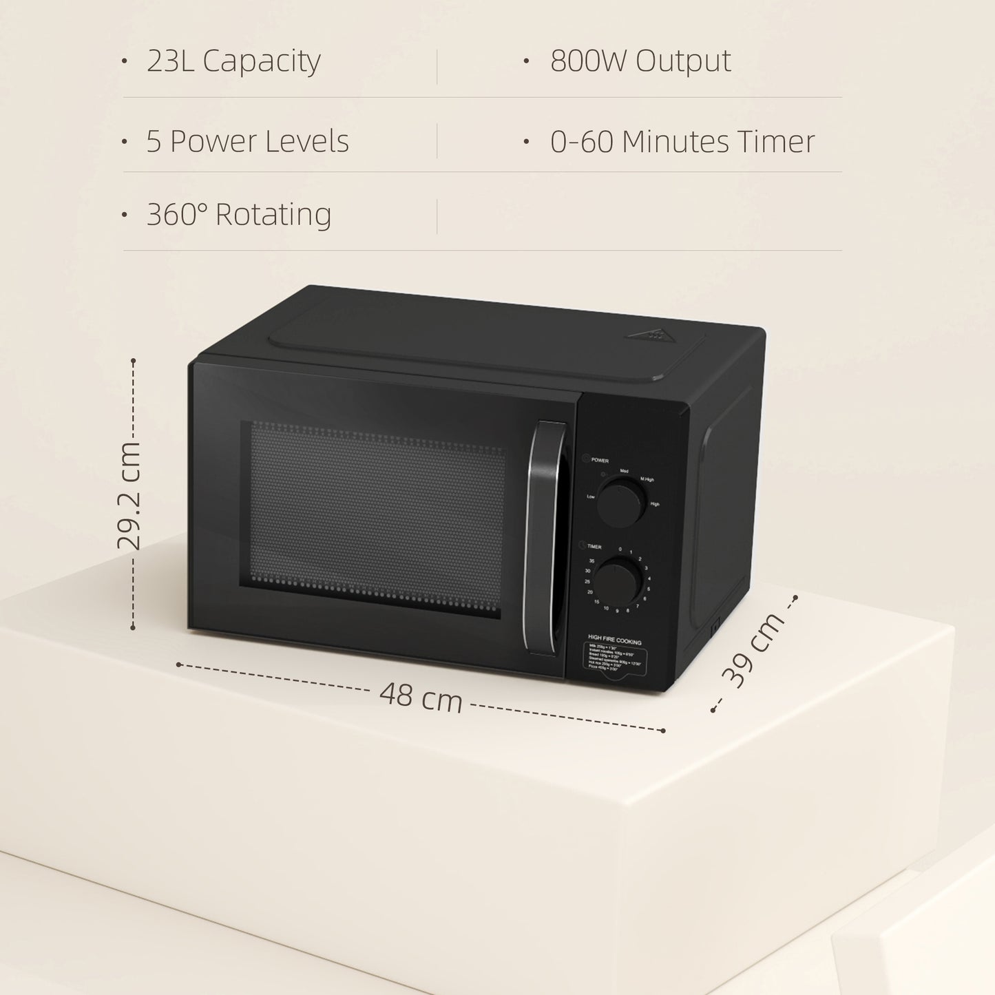 23L 800W Microwave Oven, Solo Manual Microwave with 5 Power Levels, Defrost, 60 Minutes Timer, Clock, Easy Clean, Small Black Microwave