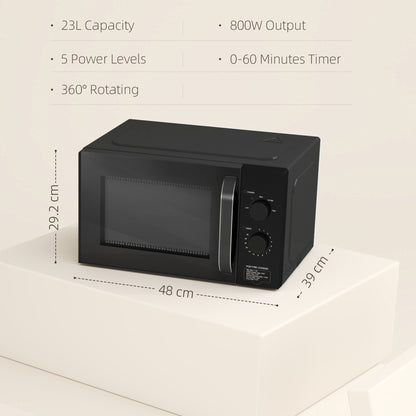 23L 800W Microwave Oven, Solo Manual Microwave with 5 Power Levels, Defrost, 60 Minutes Timer, Clock, Easy Clean, Small Black Microwave