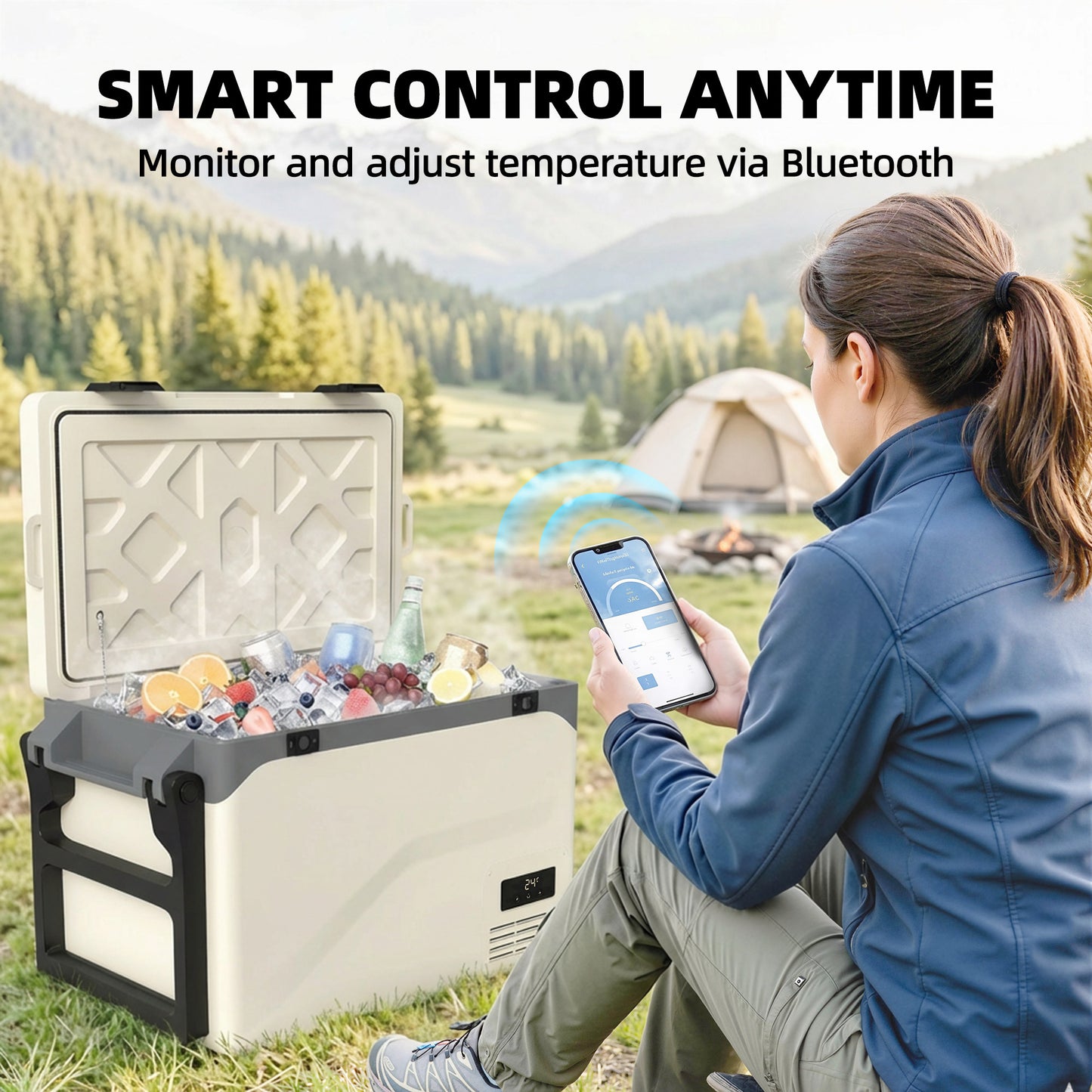 Outsunny 42.5L Compressor Car Fridge Freezer – -20°C to 20°C, Bluetooth App Control, Battery Protection, Wheels & Pull Rod, For Camping & Travel