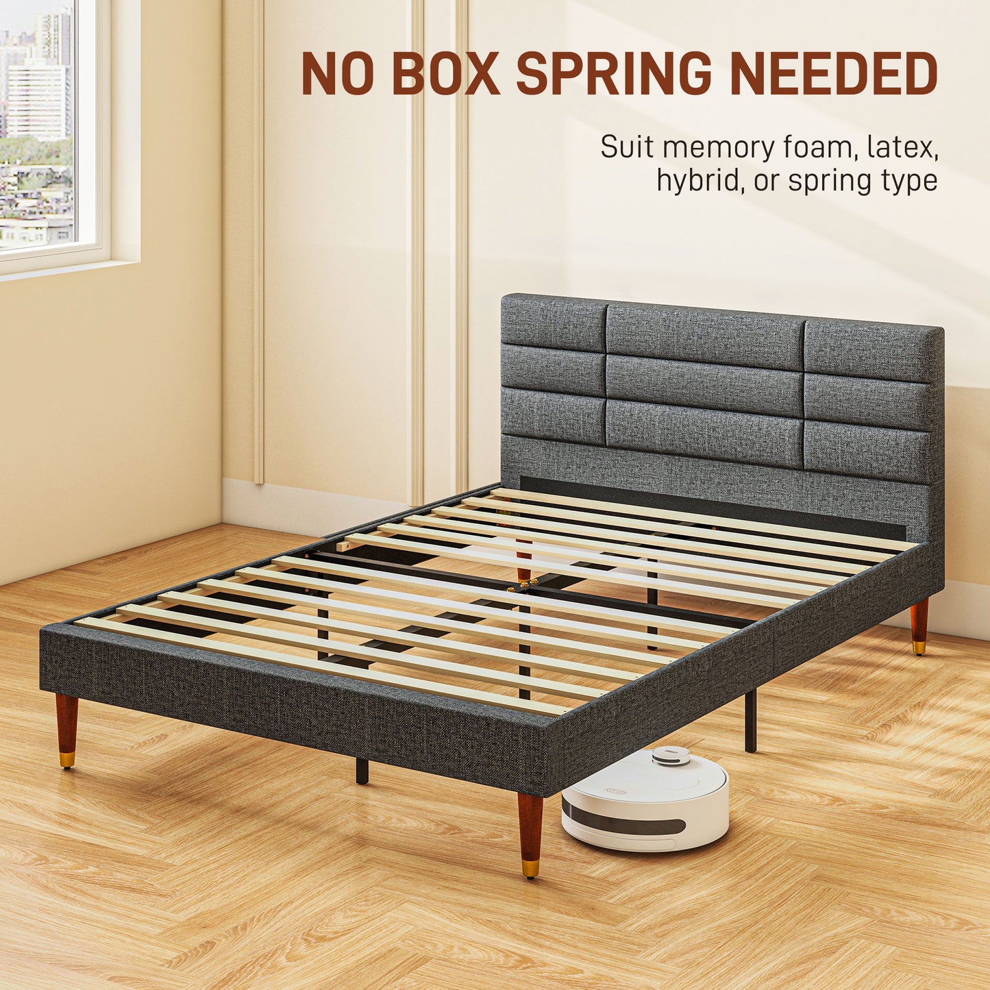 4 ft 5 Upholstered Double Platform Bed Frame with Underbed Storage Tufted Headboard Wood Slat No Box Spring Needed