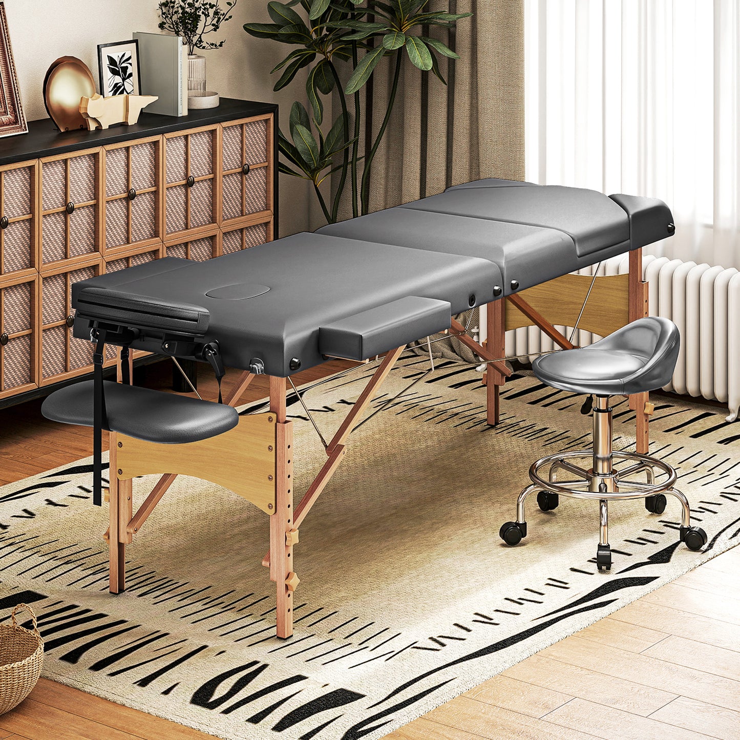 Foldable Massage Table with Beech Wood Legs - Grey / Black