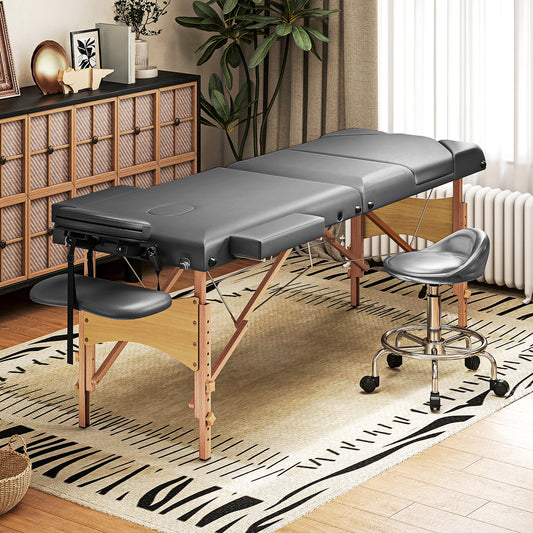 Foldable Massage Table with Beech Wood Legs - Grey / Black