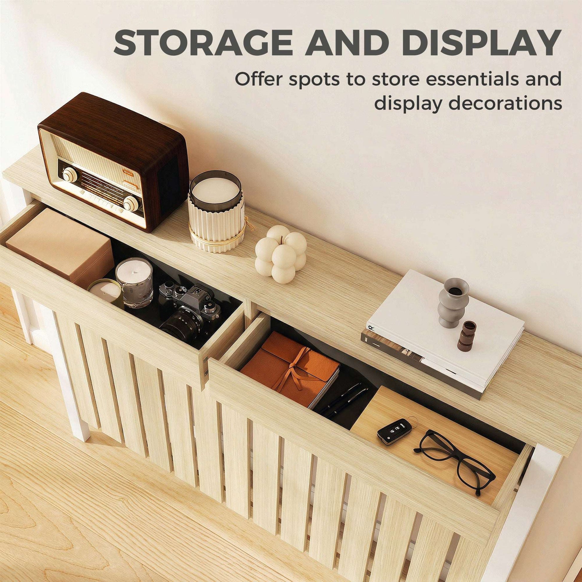 MDF & Particle Board Radiator Cover with 2 Drawers | Vertical Slats | Flat Top Display Surface | Wall Mountable | Pre-Cut Outs | 18kg Capacity | 119x19x93cm | Oak & White