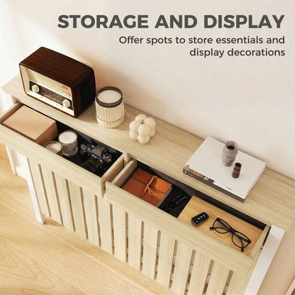 MDF & Particle Board Radiator Cover with 2 Drawers | Vertical Slats | Flat Top Display Surface | Wall Mountable | Pre-Cut Outs | 18kg Capacity | 119x19x93cm | Oak & White