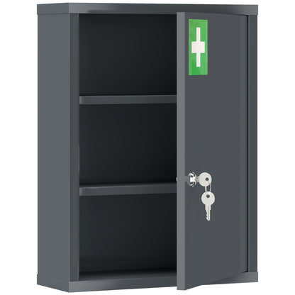 Kleankin Locking Medicine Cabinet | Smoke Grey Cold-Rolled Steel | 40x15x53.5cm | 3 Tiers | Lock & 2 Keys | Wall-Mounted | First Aid Cross | 15kg | No Assembly