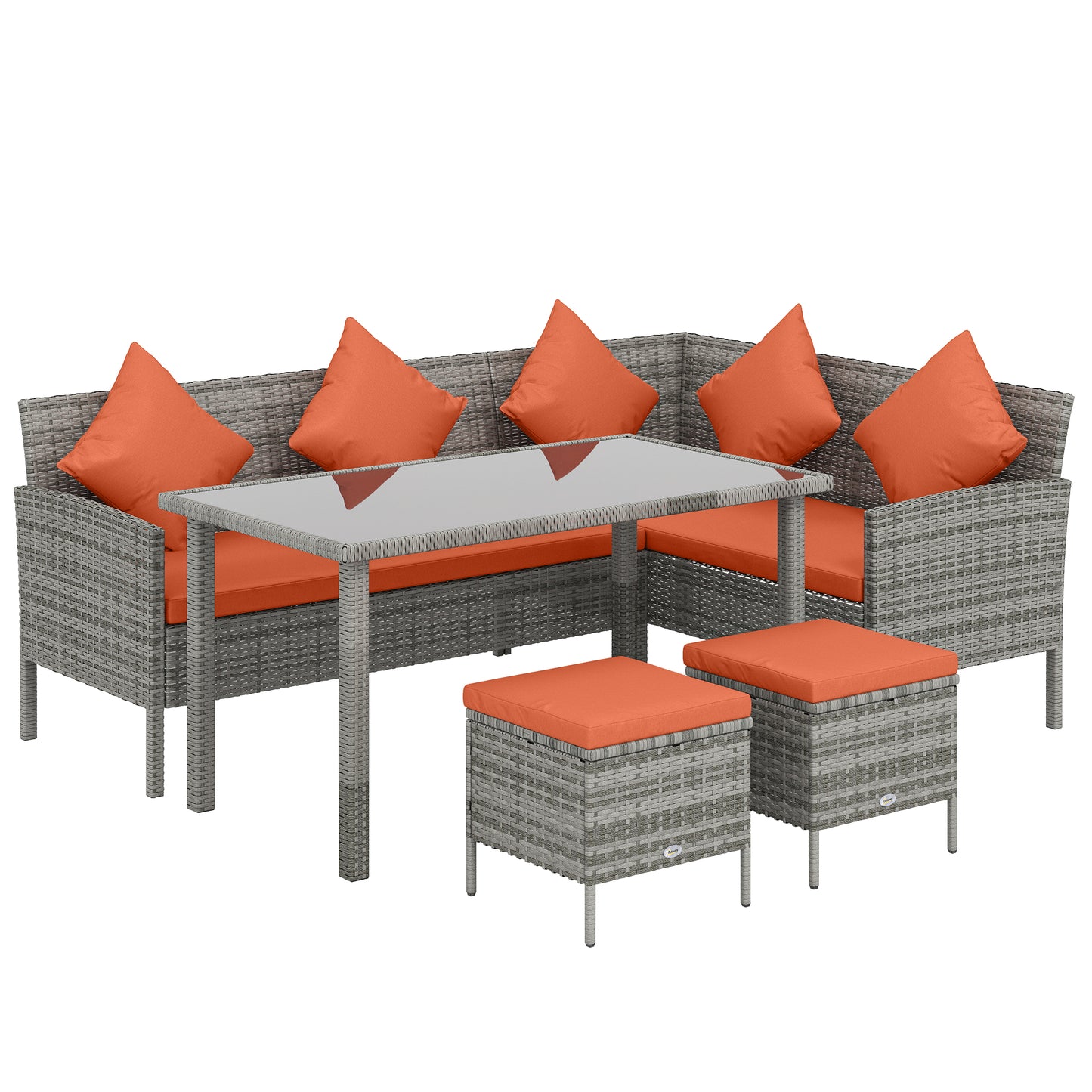 6-Seater Rattan Garden Dining Set | Sofa & Loveseat | 2 Footstools | Glass Table | Zip Cushions | 5 Pillows | 160kg | Orange