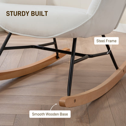 Rocking Chair, Modern Upholstered Velvet Armchair with Solid Wood Legs and Metal Frame, Cream