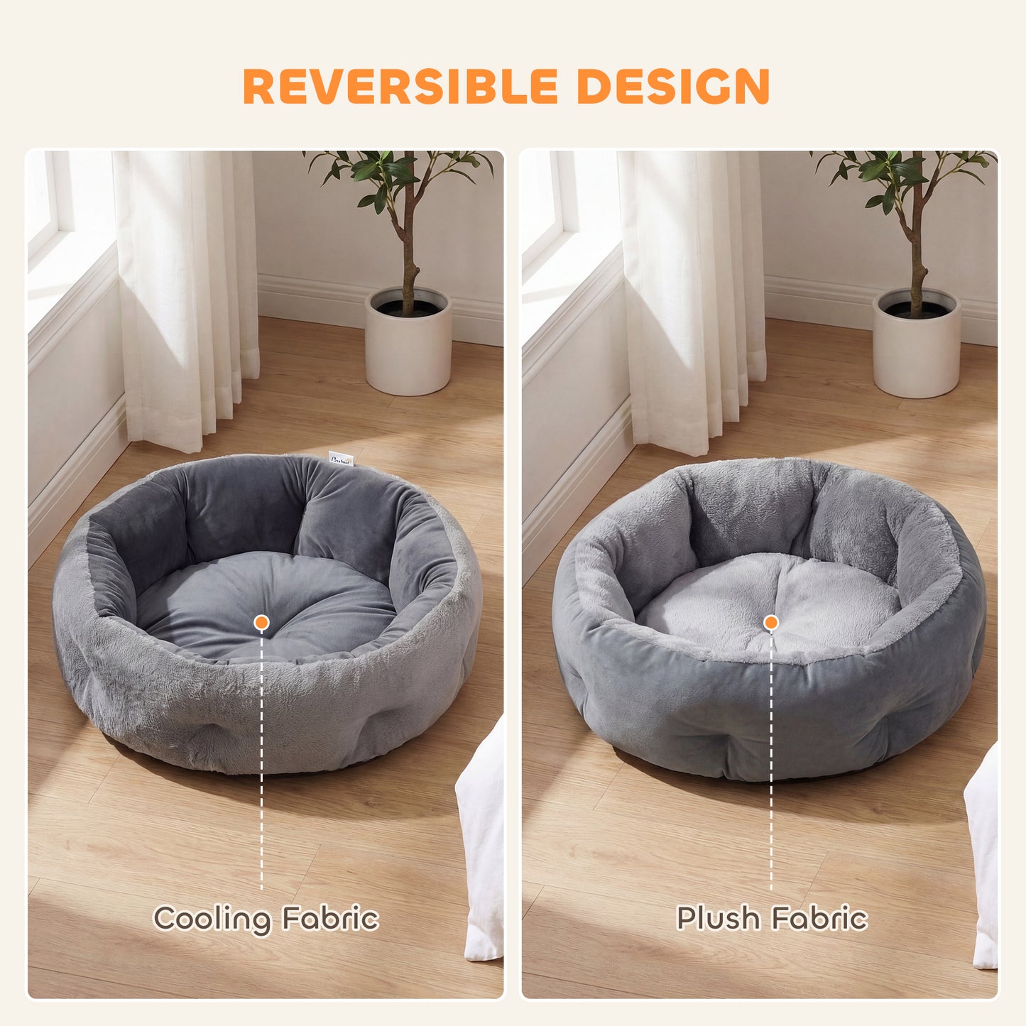 Round Pet Bed | Reversible Cooling & Plush Sides | High Bolster | 900g PP Cotton Fill | 62x62x21cm | Cats & Small Dogs | Dark Grey