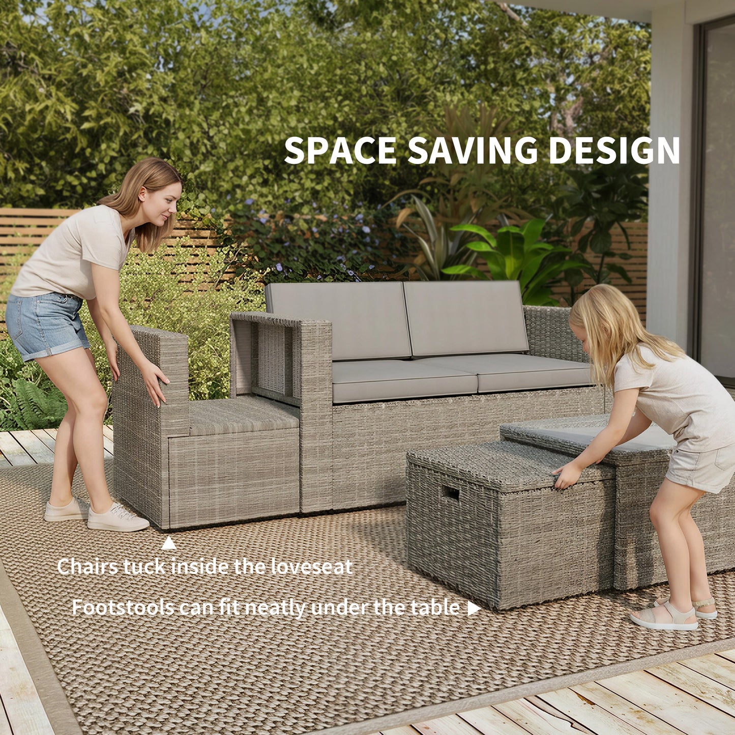 6 Piece Nesting Rattan Garden Furniture Set | Loveseat | 2 Armless Chairs | 2 Footstools | Coffee Table | Tempered Glass | PE Wicker | Powder-Coated Steel | Washable Cushions | Dark Grey