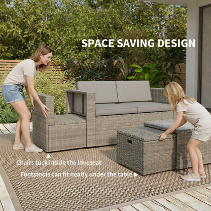 6 Piece Nesting Rattan Garden Furniture Set | Loveseat | 2 Armless Chairs | 2 Footstools | Coffee Table | Tempered Glass | PE Wicker | Powder-Coated Steel | Washable Cushions | Dark Grey