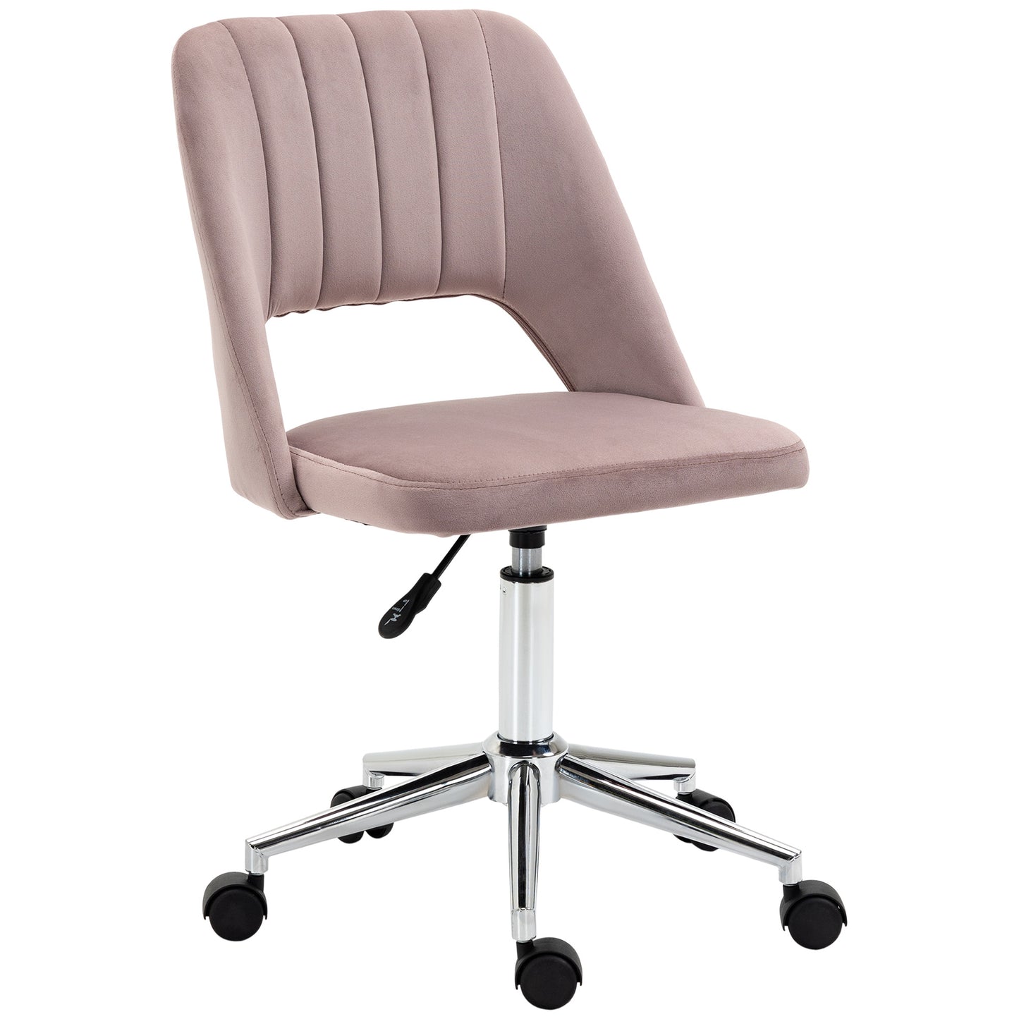 Armless Velvet-Feel Office Chair | Sponge Padded Seat & Back | 360° Swivel | 5 Wheels | Height Adjustable 46-58cm | 120kg | Bedroom Home Office Study | Pink