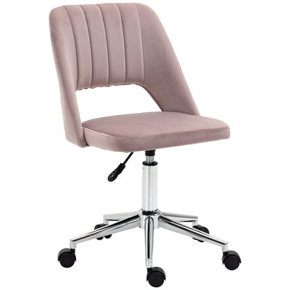 Armless Velvet-Feel Office Chair | Sponge Padded Seat & Back | 360° Swivel | 5 Wheels | Height Adjustable 46-58cm | 120kg | Bedroom Home Office Study | Pink