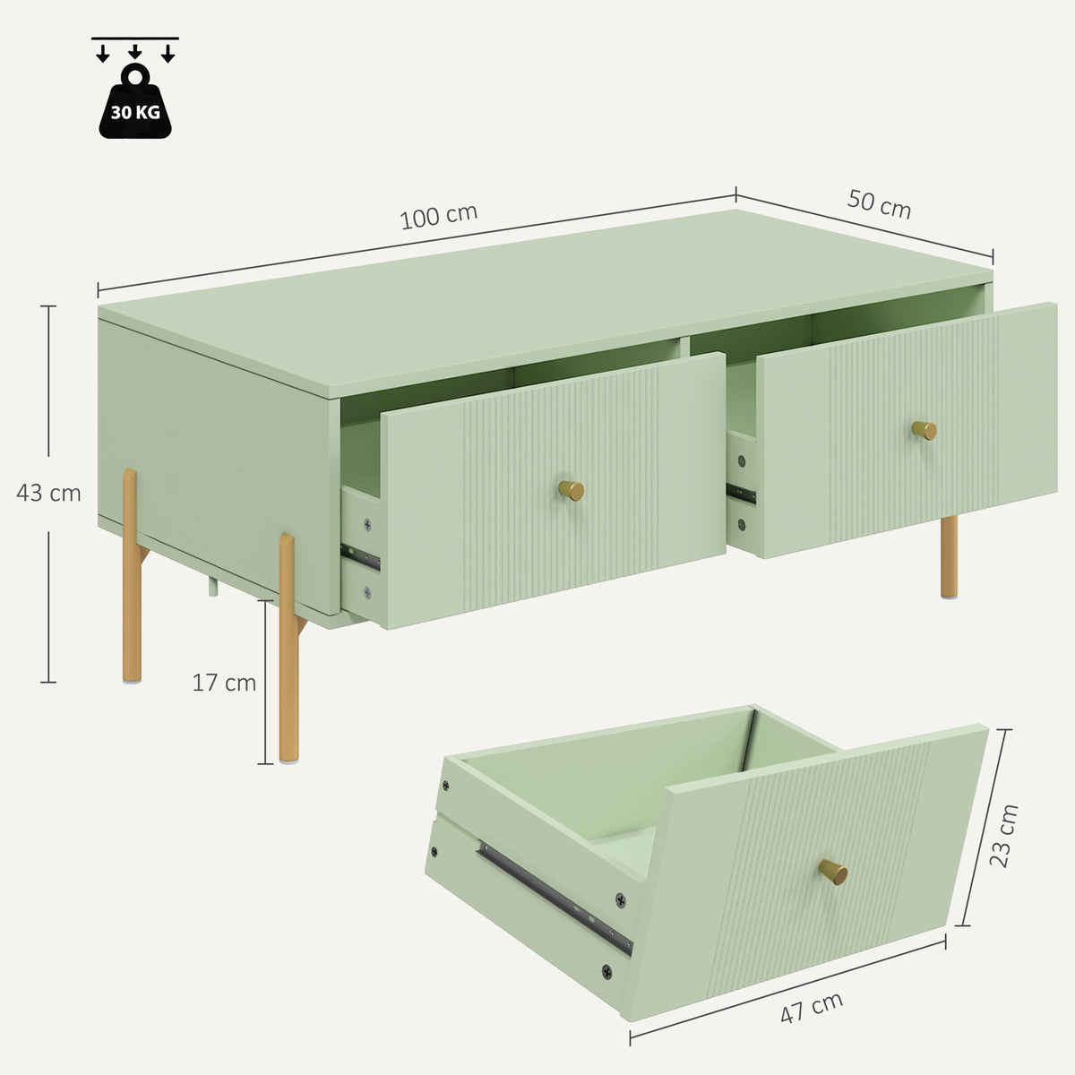 Modern Coffee Table with 2 Drawers | Light Green & Gold Tone | Particleboard Metal Legs | 100x50x43cm | 30kg | Melamine Surface | Metal Slide Runners | Living Room Bedroom