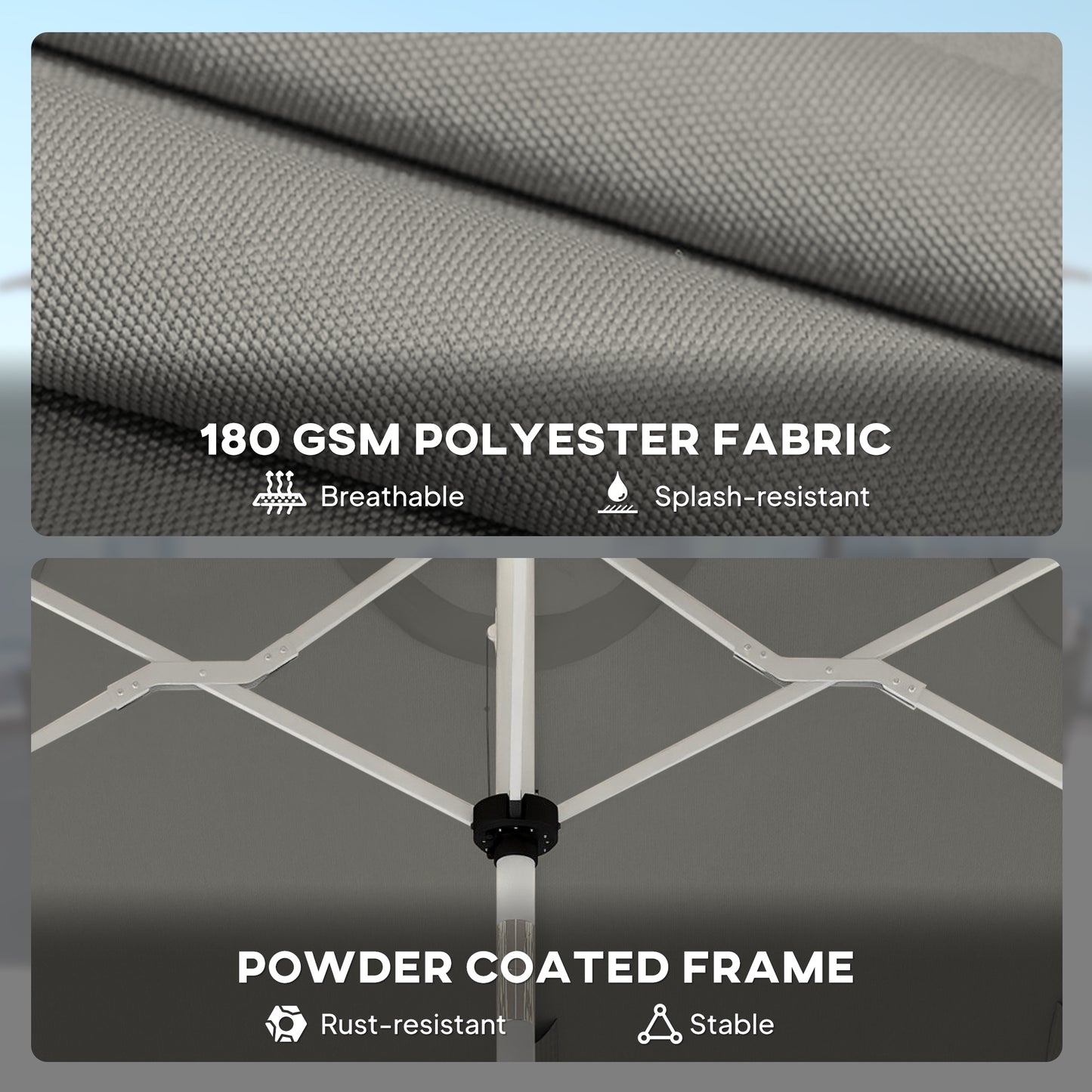 3m Double-Sided Garden Parasol | 12 Solar LED Strips | UPF30+ 180GSM Canopy | 12 Metal Ribs | Vented | Crank Handle | 295cm | Grey